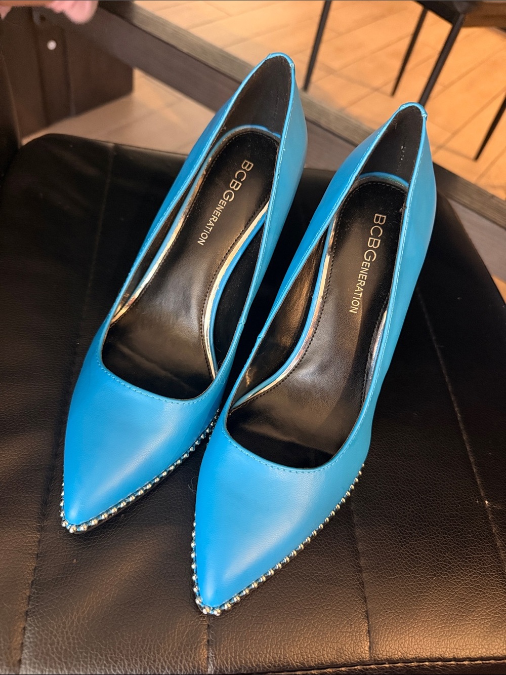 BCBGeneration Pointed Toe Turquoise Blue Studded Pumps
